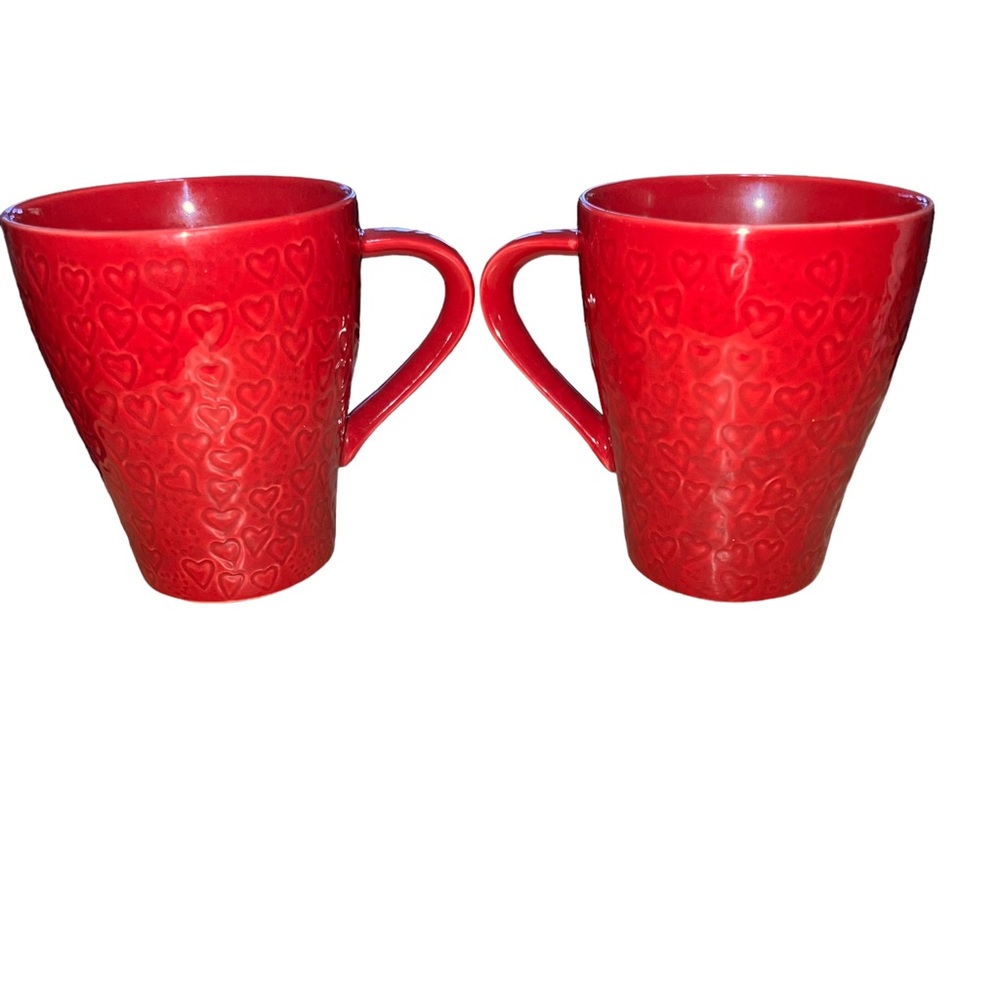 2 Starbucks Cups 2009 Design House Stockholm Red Hearts Embossed Valentine Mugs